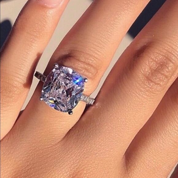 NEW! 18K White Gold Plated 5 Carat Cushion-Cut Solitaire Diamond Engagement Ring - Picture 4 of 9